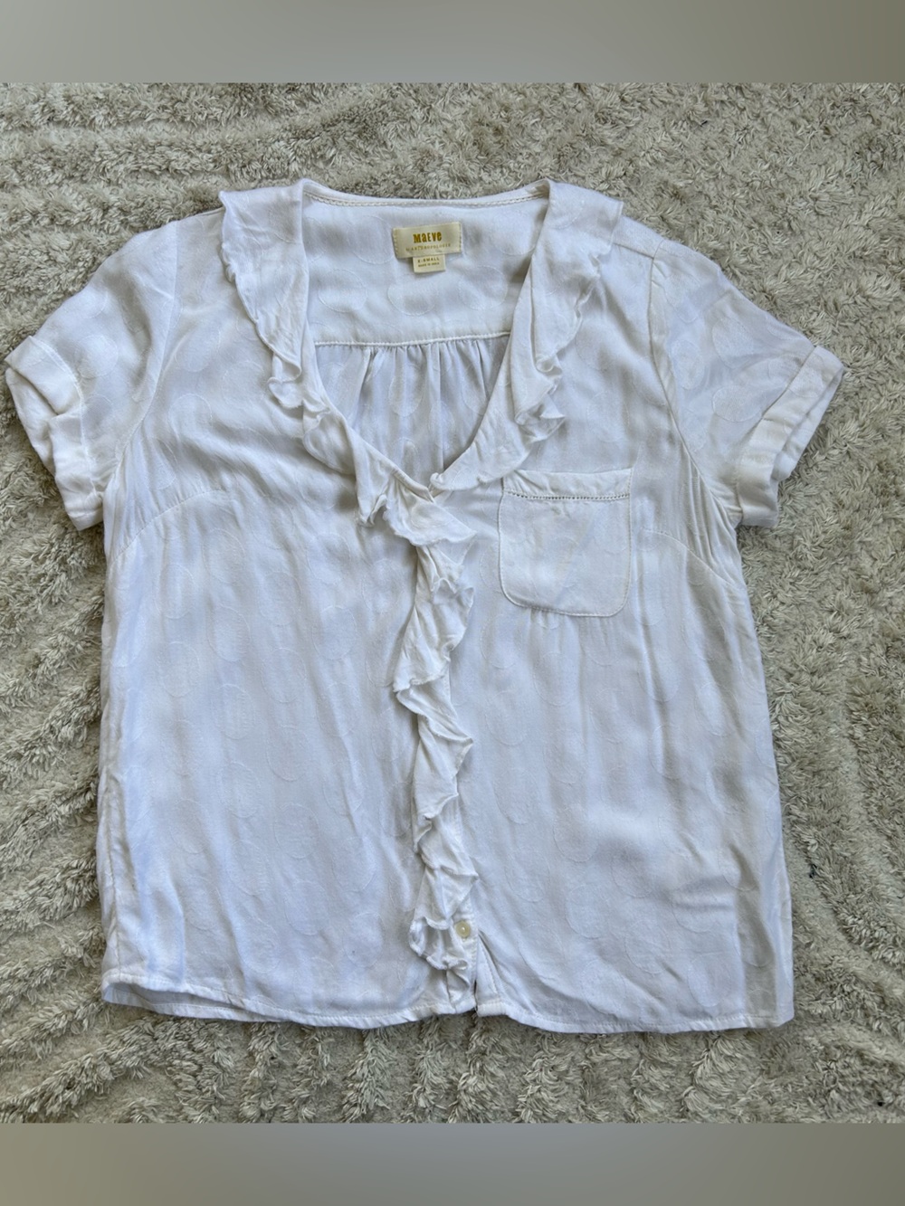 Maeve by Anthropologie White Top Bohemian Chic Ruffles and Subtle Dot Pattern